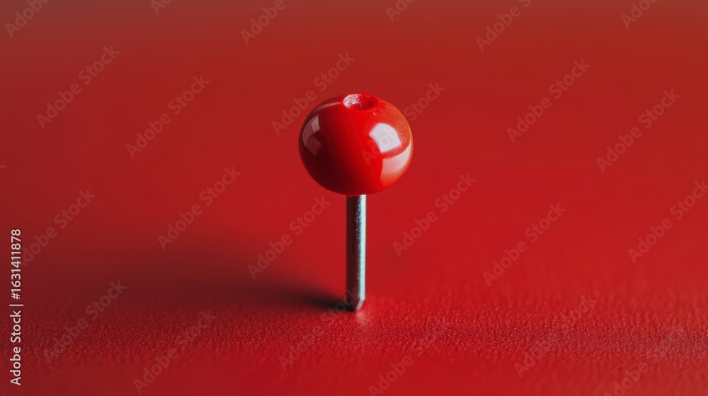 Poster close-up of a single red pushpin on a red surface.