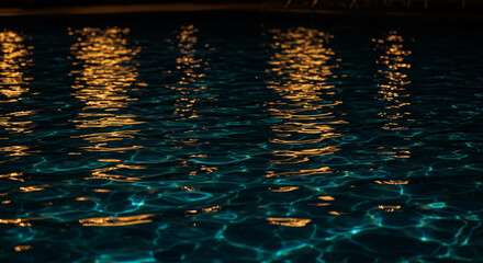 Glowing golden lights reflecting on dark rippling water at night, creating a serene and mesmerizing visual effect.