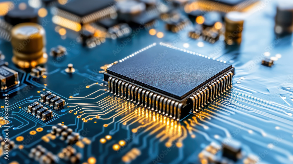 Poster close up of circuit board with microchip and electronic components, showcasing intricate details