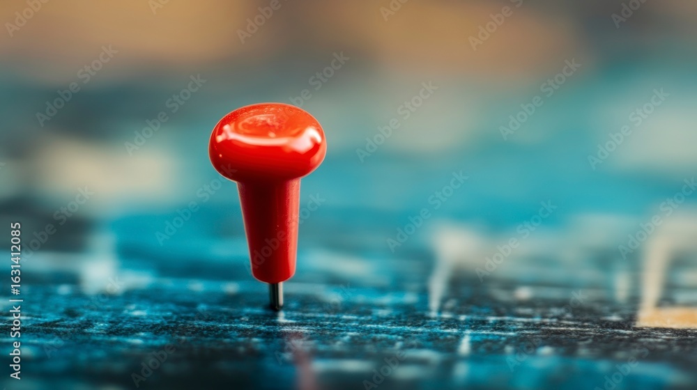 Poster close-up of a single red pushpin on a map, signifying location or destination.