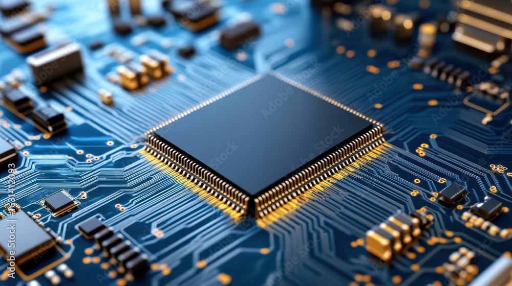 Poster close up view of circuit board showcasing intricate electronic components and connections