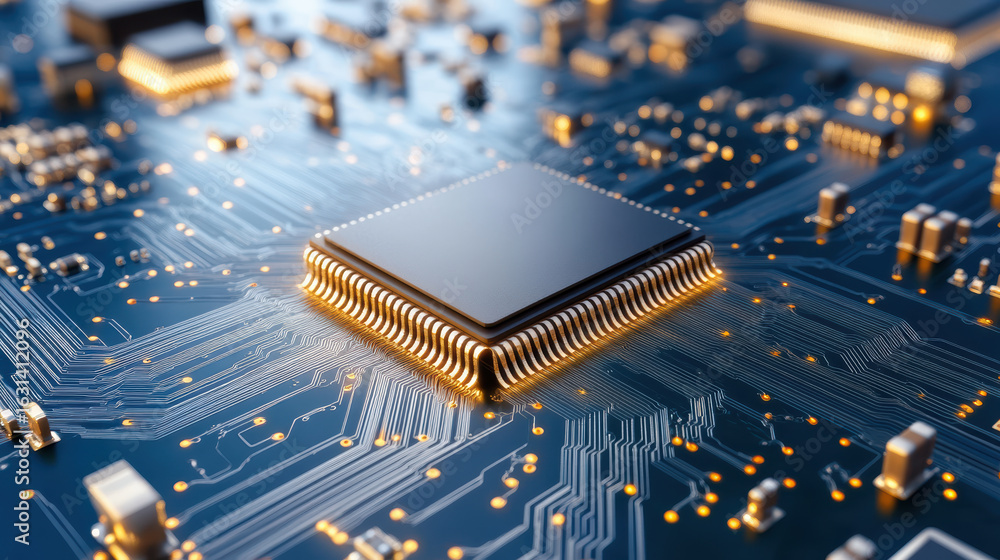 Poster high tech circuit board with microchip and glowing connections, showcasing advanced electronics