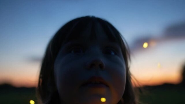 Child&rsquo;s Face Glowing in Awe at Fireflies at Dusk