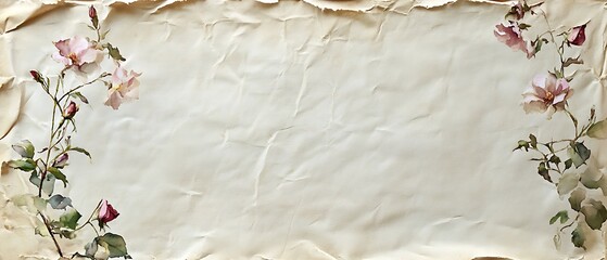 Vintage paper with floral border and empty space, antique background for greeting card.
