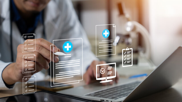 Online medical checklist and documentation system in use by doctor Modern Healthcare Management & Telemedicine Concept