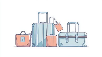 a minimalistic vector graphic showcasing a neatly arranged group of travel essentials, including a rolling suitcase, a duffel bag, and organized packing cubes, complemented by a hanging luggage tag