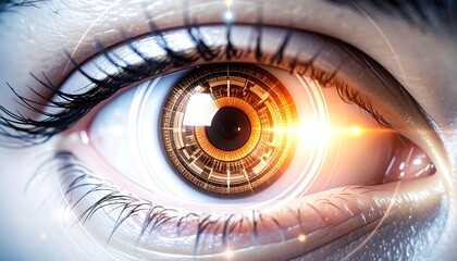 Close-up of a stylized eye with a futuristic, technological iris