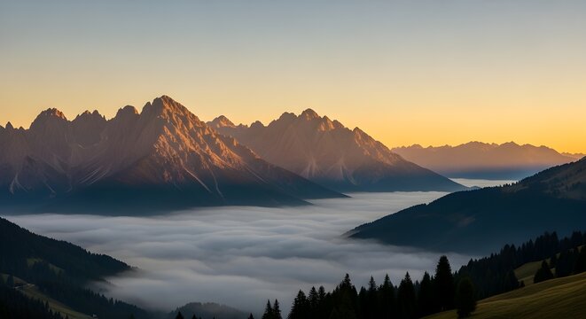 Sunlight crests a rugged mountain range, casting a golden glow on the peaks above a thick blanket of clouds - Powered by Adobe