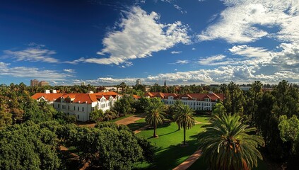 Naklejka premium A panoramic view of the San Diego State University campus, showcasing its iconic red-tiled roofs and white buildings surrounded by lush green lawns with palm trees