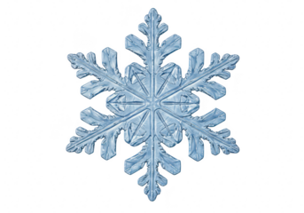 A single, intricate blue snowflake crystal, isolated on a transparent background