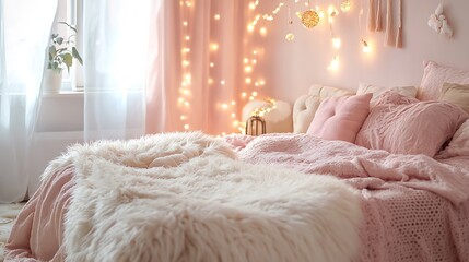 Cozy pink bedroom with fairy lights and plush bedding