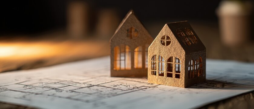 The miniature houses resting on architectural blueprints under warm lighting.