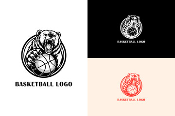 vector illustration of roaring grizzly bear gripping a basketball with claw, logo for basketball team badge, athletic, basketball tournament, basketball team badge, and more