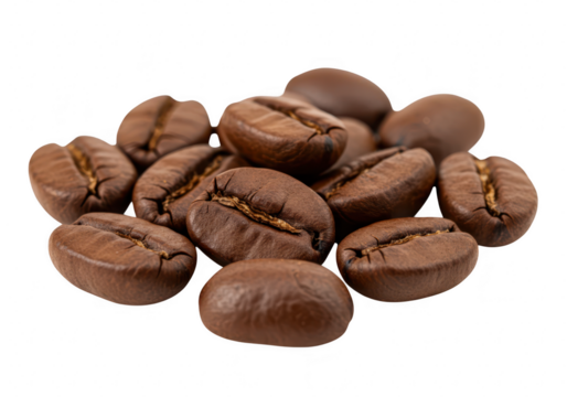 Closeup view of dark roasted coffee beans isolated on a transparent background, highlighting their smooth texture and deep brown hue, ideal for coffeerelated themes