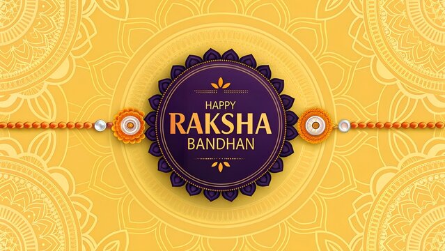 "Festive Raksha Bandhan celebration with intricate mandala patterns in golden yellow background, central purple circular badge with 'Happy Raksha Bandhan' text in bold orange and yellow fonts, surroun