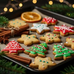 Christmas gingerbread cookies decorated with icing on a baking sheet, holiday treats for Xmas day and New Year celebration season. Decorated gingerbread cookies background for holiday market, menu	
