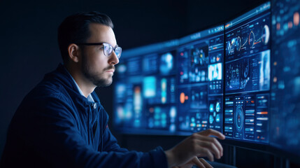 A focused individual analyzes data on multiple screens in a dark environment, highlighting a tech-savvy atmosphere.