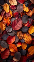 A closeup overhead view of a colorful carpet of fallen autumn leaves on the ground, featuring red, orange, and brown hues.