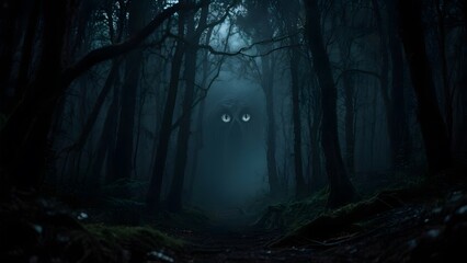Mysterious glowing eyes in a dark, foggy forest at night