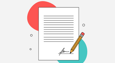 Signing a document with a pencil on paper with signature and red and blue circles in the background