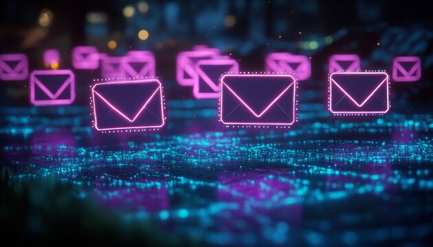 Futuristic Cyber Notification with Emails and Communications in Global Business Technology Solutions - Powered by Adobe