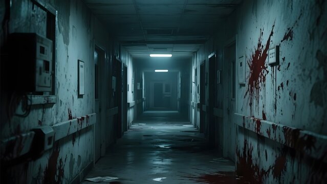 Creepy, dimly lit hallway with bloodstains and eerie atmosphere - Powered by Adobe