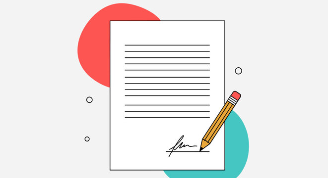 Signing a document with a pencil on paper with signature and red and blue circles in the background
