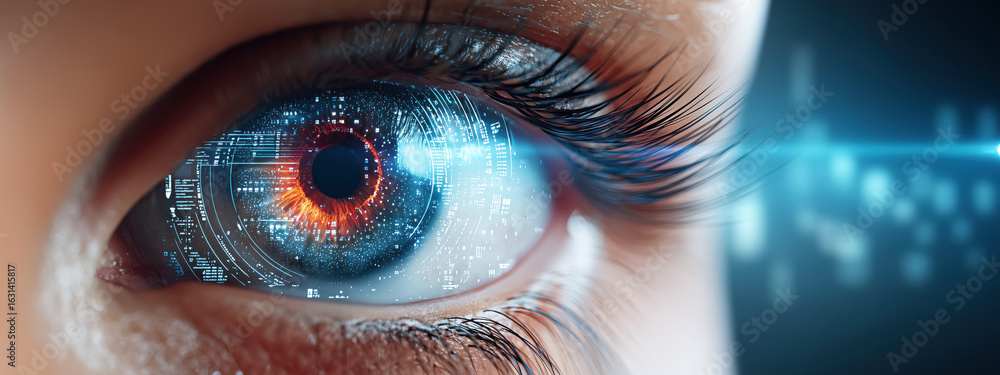 Poster futuristic digital eye with circuit patterns and glowing elements in high-tech background