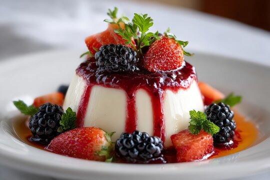 Indulgent Italian Panna Cotta Dessert with Fresh Berries and Berry Reduction Sauce on a Bright Plate