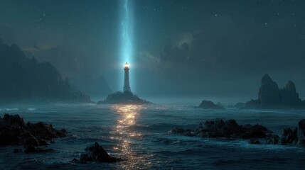 Lighthouse tower scanning ocean surface with laser grid