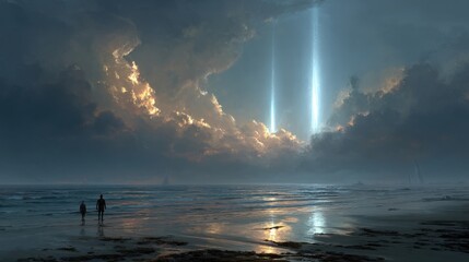 Lighthouse tower scanning ocean surface with laser grid