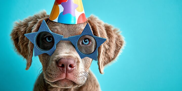 Adorable Weimaraner Puppy Celebrates Birthday with Fun Star Glasses and Festive Party Cone Hat.