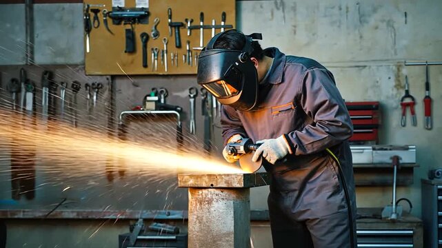 A skilled worker grinding metal in a workshop, sparks flying, tools organized in the background