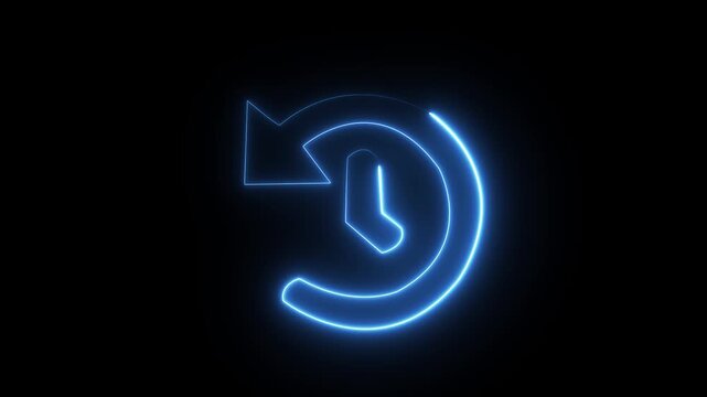 Evocative rewind back in time through glowing neon clock hands with arrow simple minimalist blue