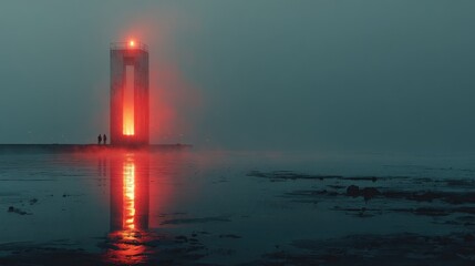 Minimalist futuristic lighthouse in zero-gravity environment