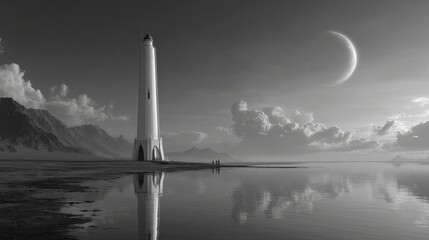 Minimalist futuristic lighthouse in zero-gravity environment