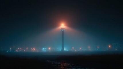 Night view of luminous high-tech lighthouse in mist 