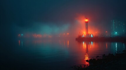Night view of luminous high-tech lighthouse in mist 