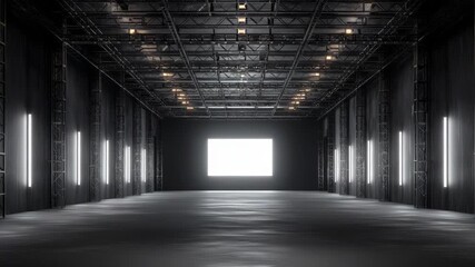 Industrial interior with concrete floor and metal ceiling, vertical white light design - Powered by Adobe