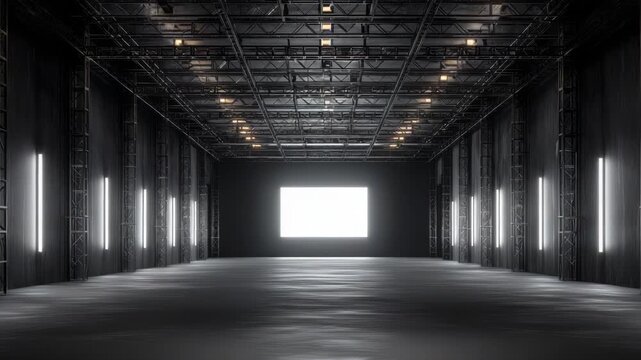 Industrial interior with concrete floor and metal ceiling, vertical white light design