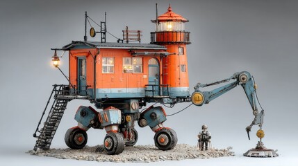 Sci-fi tower lighthouse in a neon-lit future port