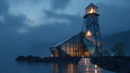 Sci-fi tower lighthouse in a neon-lit future port