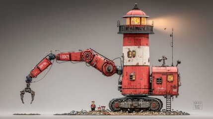 Sci-fi tower lighthouse in a neon-lit future port