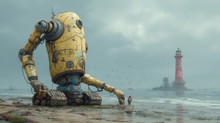 Sci-fi tower lighthouse in a neon-lit future port