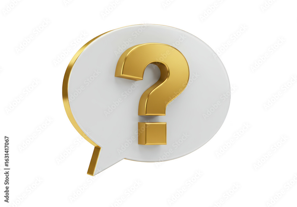 Poster golden question mark in a speech bubble, isolated on transparent background