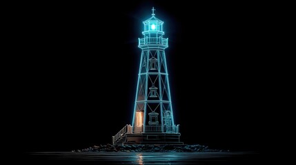 Sleek white tower lighthouse with blue neon outline