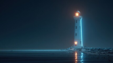 Sleek white tower lighthouse with blue neon outline