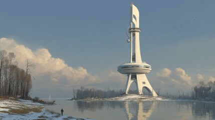Sleek white tower lighthouse with blue neon outline