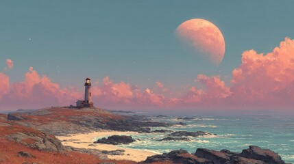 Space-age lighthouse on a distant ocean planet 