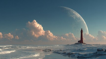 Space-age lighthouse on a distant ocean planet 